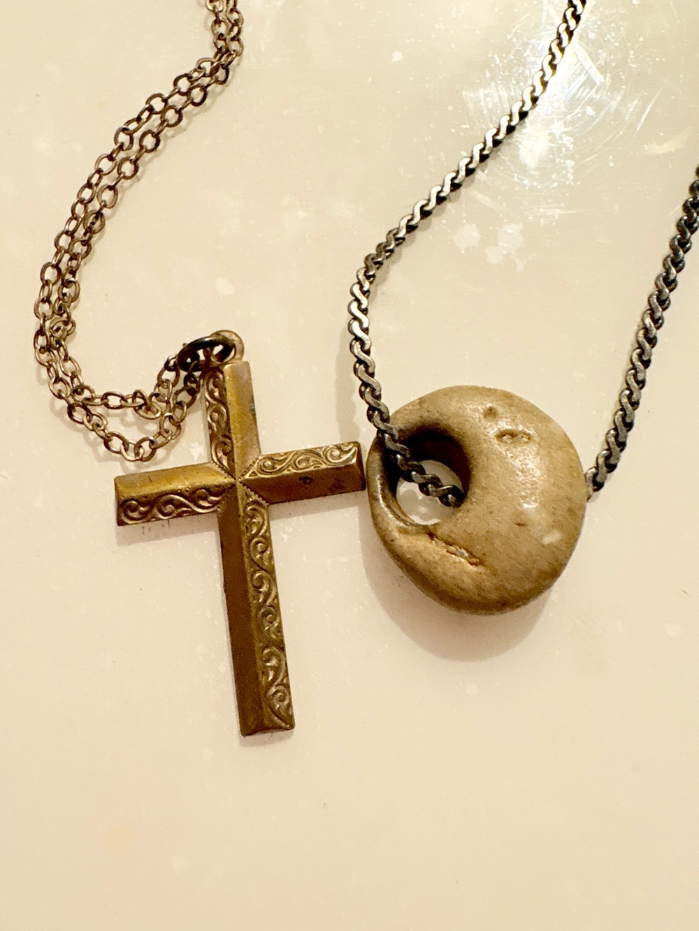 Gold Cross Pendant Necklace with Stone Donut Charm - Gold